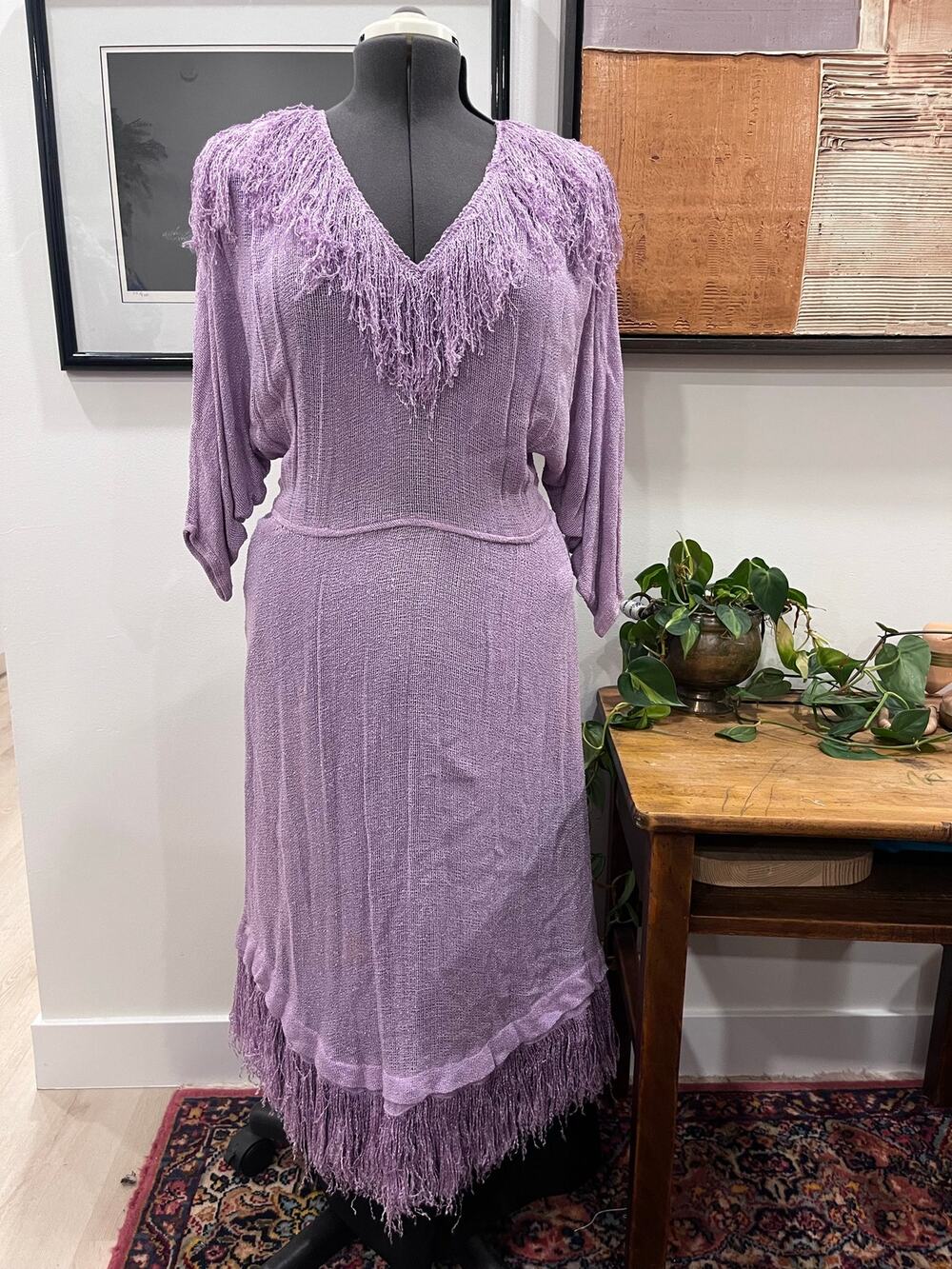 Sibyl California 80s Purple Fringe Knit Boho Dress